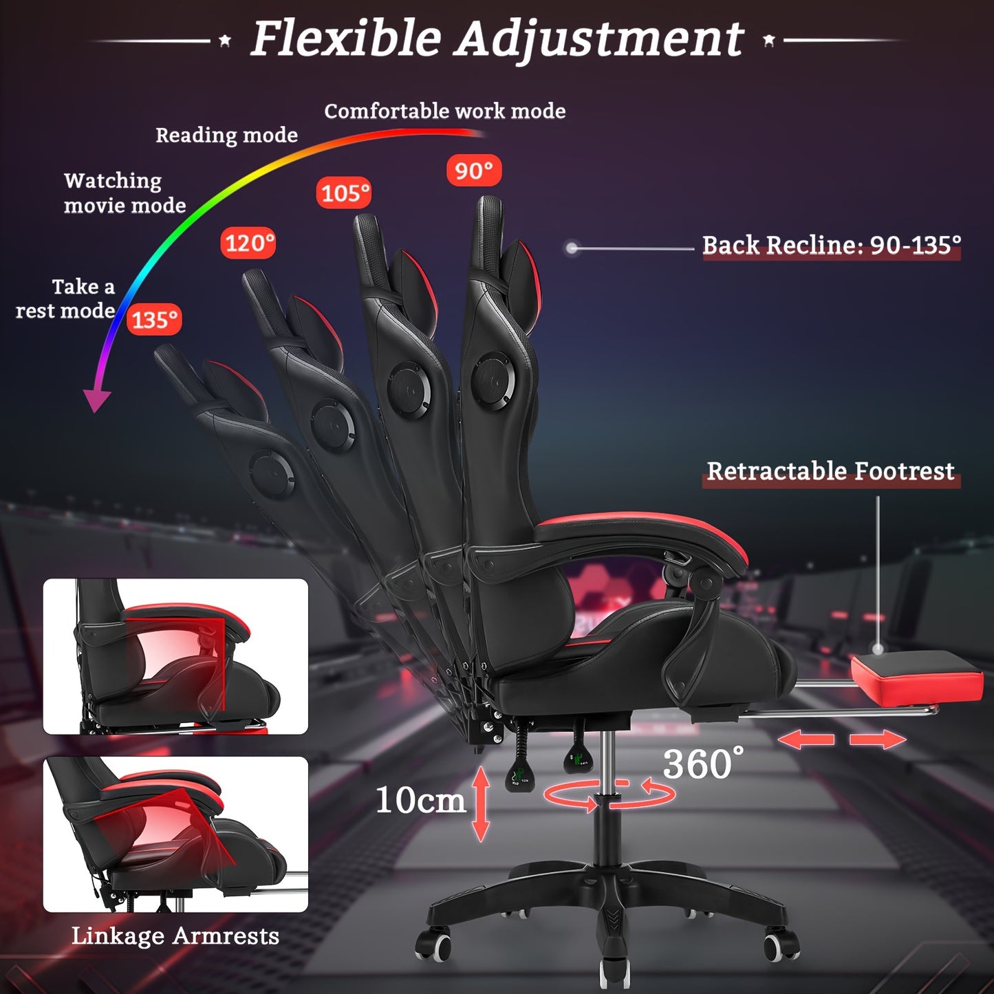 HOFFREE 2 Point Massage Lumbar Support 135° LED Light Bar Wireless Speaker - Ergonomic Gaming Chair With USB-Powered, Sponge-Filling, Rotating Back & Cushioned Seat For PC, Laptop, Gaming Setup, Wireless Gaming Chair, Comfor