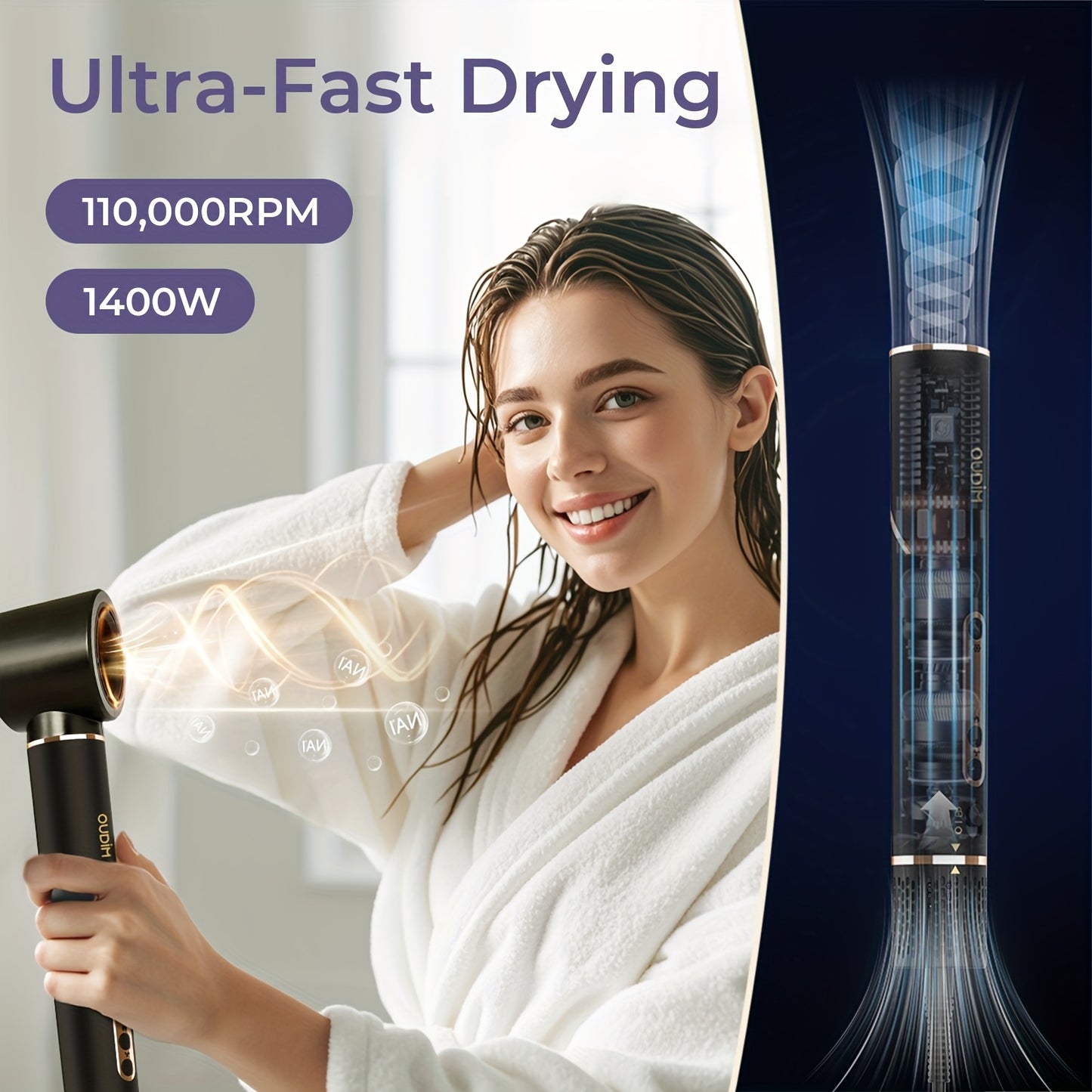 OUDIM 6-in-1 Multi-Functional Hot Air Comb & Styler - Negative Ion Technology, 110, 000 RPM High-Speed Frizz-Free Hair Dryer Brush, Curling Iron & Straightener with Auto-Winding Rod, Foldable Handle & Storage Bag for Rapid Dr