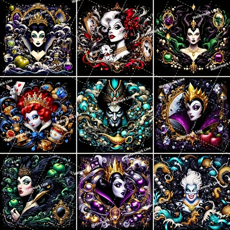 9pcs Diy 5D Diamond Painting Art Set Cartoon Pattern Dark Style Villain Queen Of Hearts Evil Queen Ursula Maleficent Jafang Unique Indoor And Outdoor Wall Decoration Handcrafted, Creative Time For Family Interaction, Fingerti