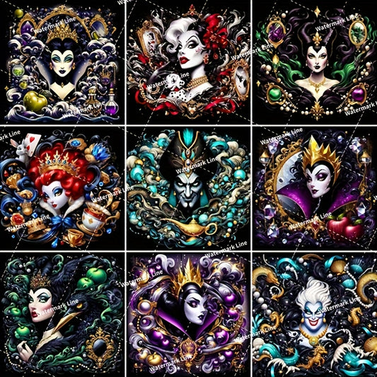 9pcs Diy 5D Diamond Painting Art Set Cartoon Pattern Dark Style Villain Queen Of Hearts Evil Queen Ursula Maleficent Jafang Unique Indoor And Outdoor Wall Decoration Handcrafted, Creative Time For Family Interaction, Fingerti