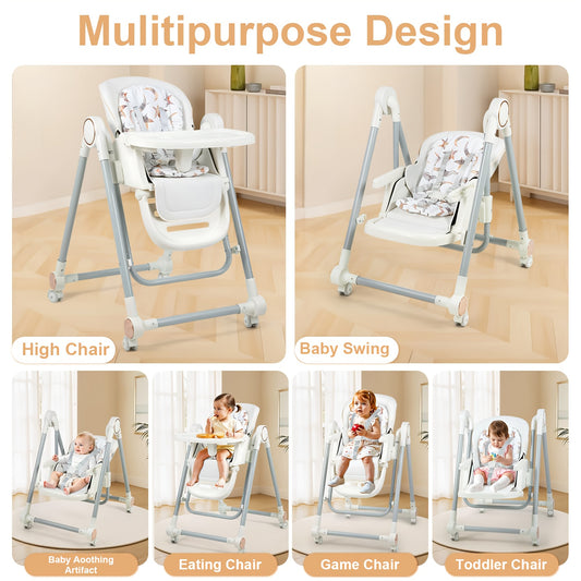 Baby High Chair, Foldable High Chair, Adjustable 2-in-1 High Chair&Swing Chair with 4 Locking Wheels, 7-speed Adjustable, Detachable Cushion, Safe/Comfortable/Easily Meets Baby's Feeding And Resting Needs, 1pc