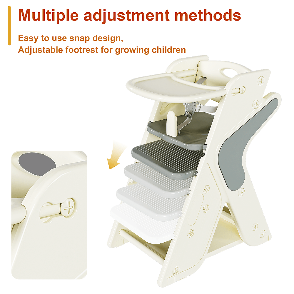 White + Charcoal Gray 16, 54x25, 20x31, 50 Inch Multifunctional Growth Chair HDPE Material Three-in-One Design Adjustable Height Five-Point Safety Belt Kitchen Dining Baby Feeding Learning