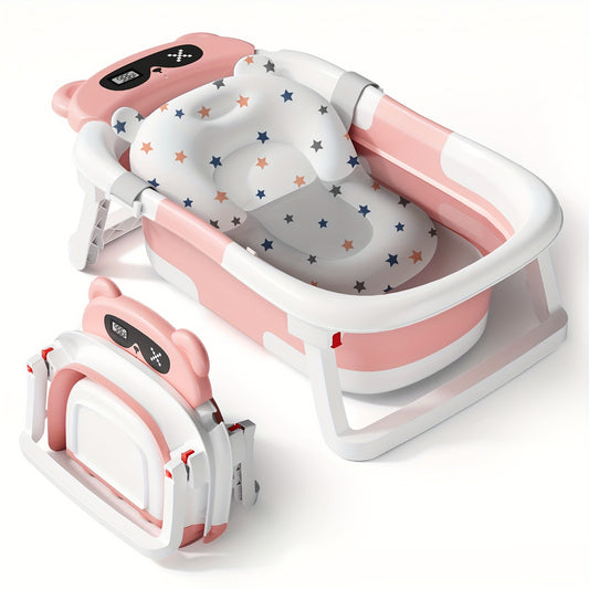 Baby Bathtub with Soft Cushion And Thermometer Portable Travel Foldable Baby Bathtub with Drain Hole Durable Foldable Baby Bath Tub Newborn to Toddler, Baby Items