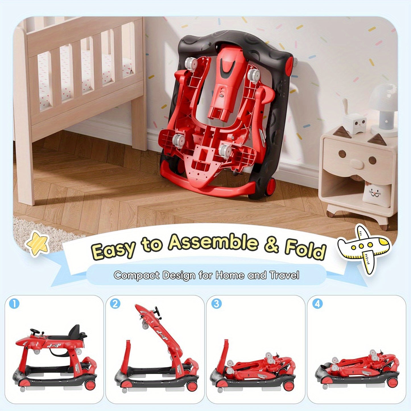 6-in-1 Baby Walker with Adjustable Speed Wheels, Adjustable Height Activity Walker with Padded Seat, Foldable Walker for Babies, Toddler Push Walker for Boy & Girl