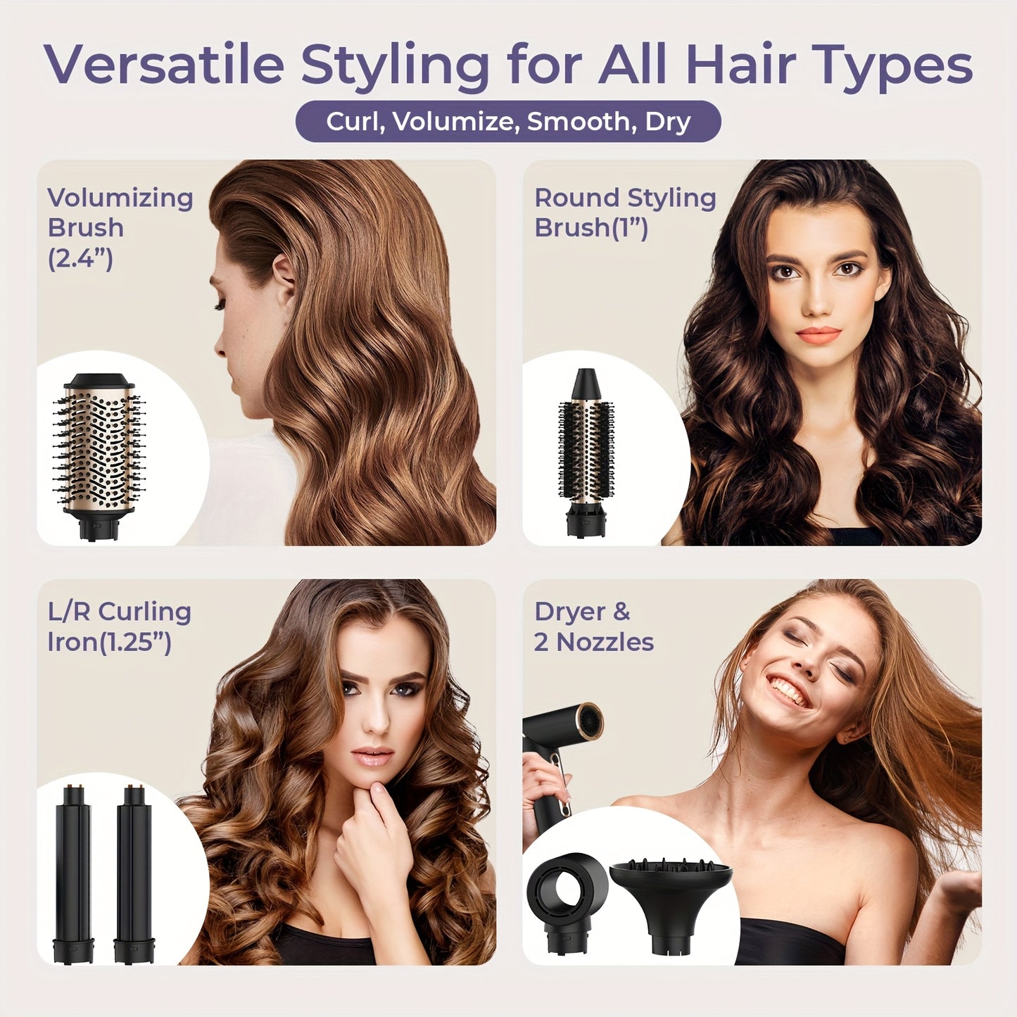 OUDIM 6-in-1 Multi-Functional Hot Air Comb & Styler - Negative Ion Technology, 110, 000 RPM High-Speed Frizz-Free Hair Dryer Brush, Curling Iron & Straightener with Auto-Winding Rod, Foldable Handle & Storage Bag for Rapid Dr