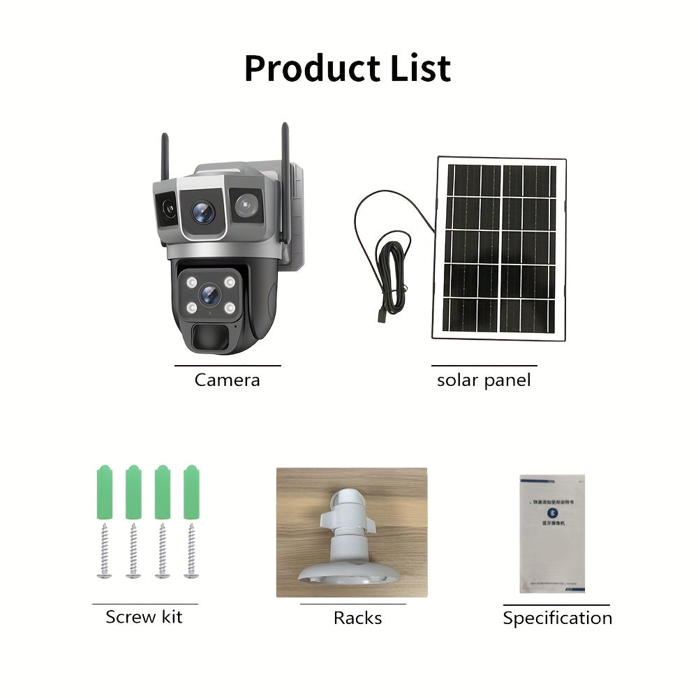 2K Solar Dual Lens Camera, Outdoor 2.4GHz WiFi Camera, Outdoor Security Camera, Pet Camera, Baby Monitor, 360° Security Camera with Siren And Spotlight, Motion Detection, Two-Way Talking, Color Night Vision, 1pc, Free Cloud