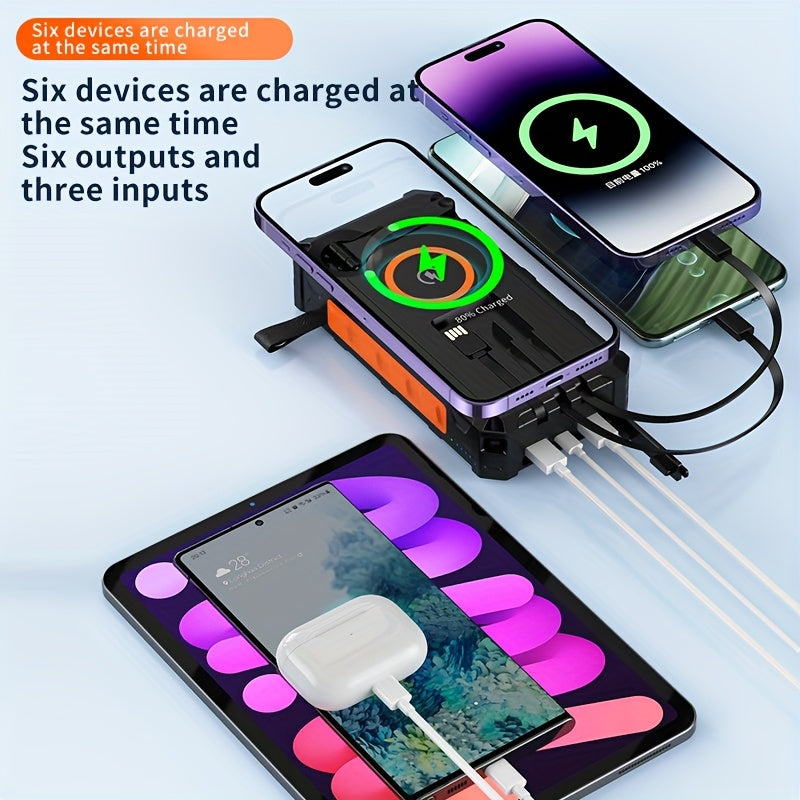 Power Bank Wireless Charger 30000mAh Comes With A Wire Hand Crank And 3 Cables 15W Fast Charging Power Bank 7 Outputs & 4 Inputs Solar Portable Charger, SOS/Strobe/Strong Flashlights - Orange
