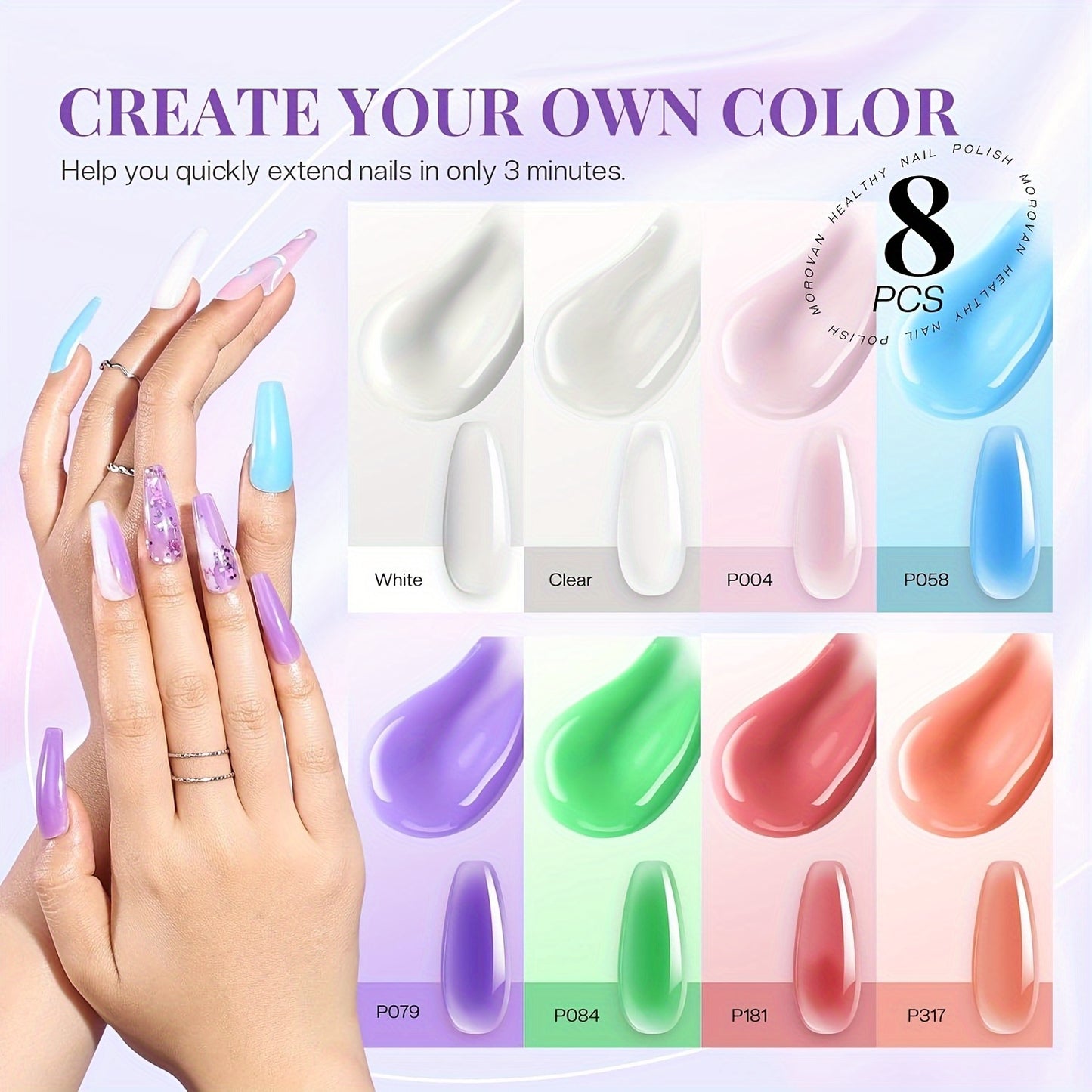 Morovan Pro Nail Extension Kit: 48W LED Lamp And 8 Colors Polygel Set| 100pcs Tips And 48 Glitters | Quick-Drying, Long Lasting | DIY Beginner Friendly, Gel Nail Kit For Beginners With Everything, Nail Gel Kit With Uv Light,