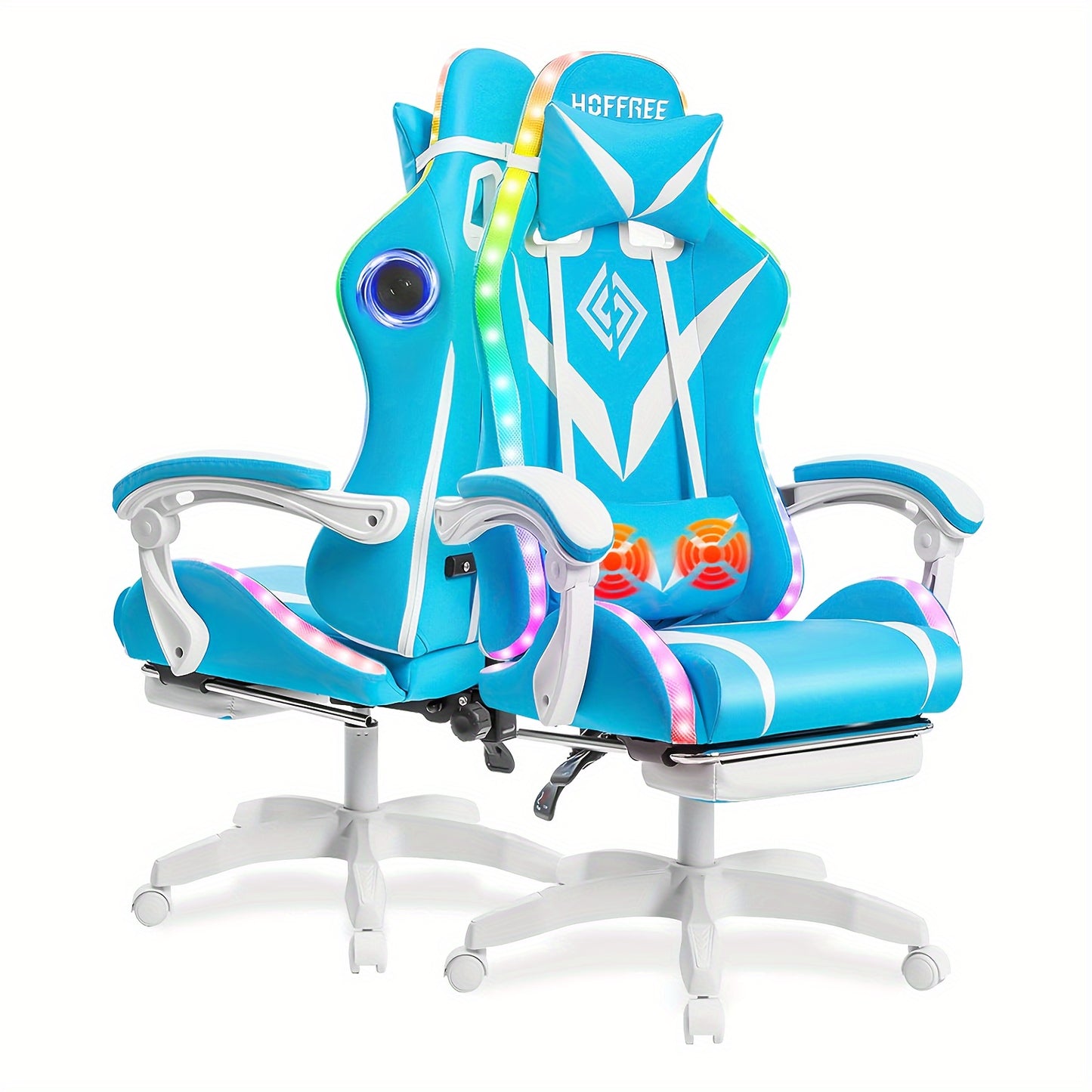 HOFFREE 2 Point Massage Lumbar Support 135° LED Light Bar Wireless Speaker - Ergonomic Gaming Chair With USB-Powered, Sponge-Filling, Rotating Back & Cushioned Seat For PC, Laptop, Gaming Setup, Wireless Gaming Chair, Comfor