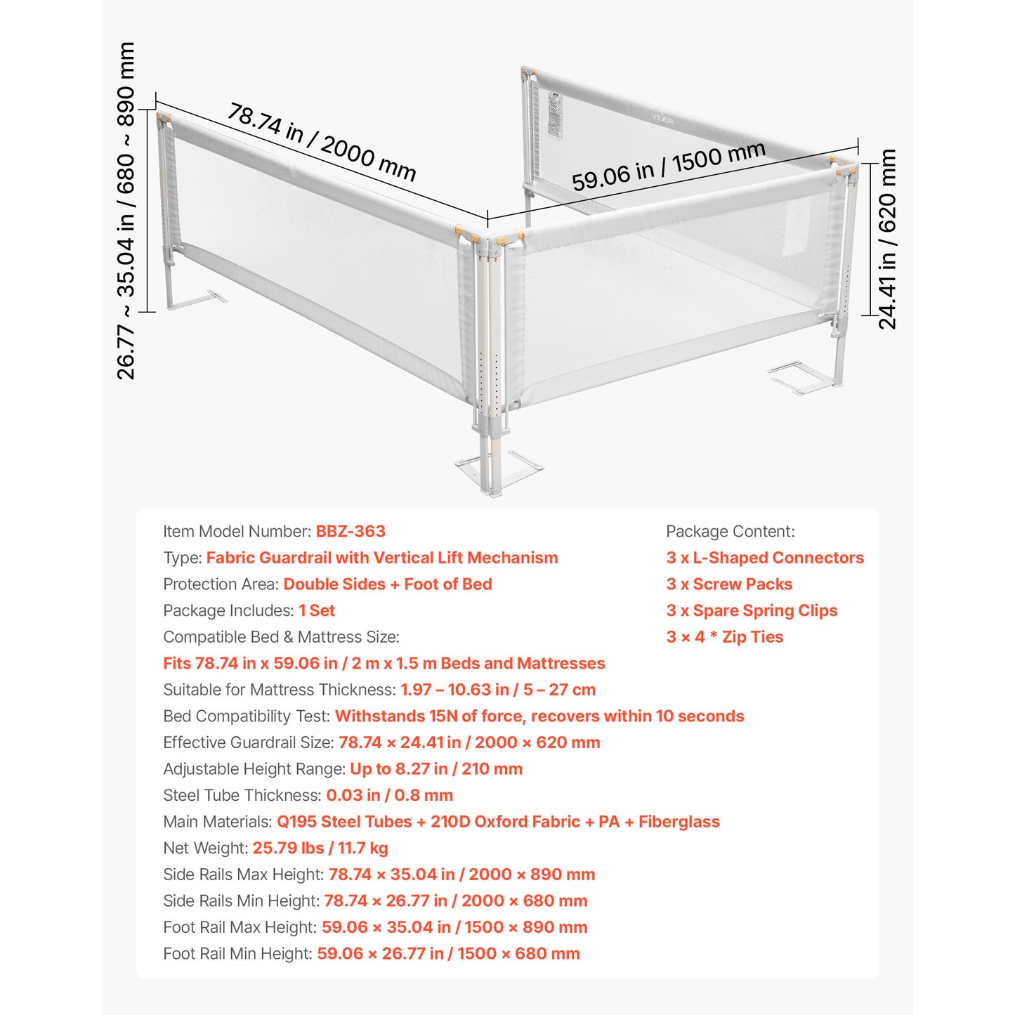 VEVOR 3 Piece Toddler Bed Rail Adjustable Height Bed Side Railing Guard Bumper Queen / King-Size