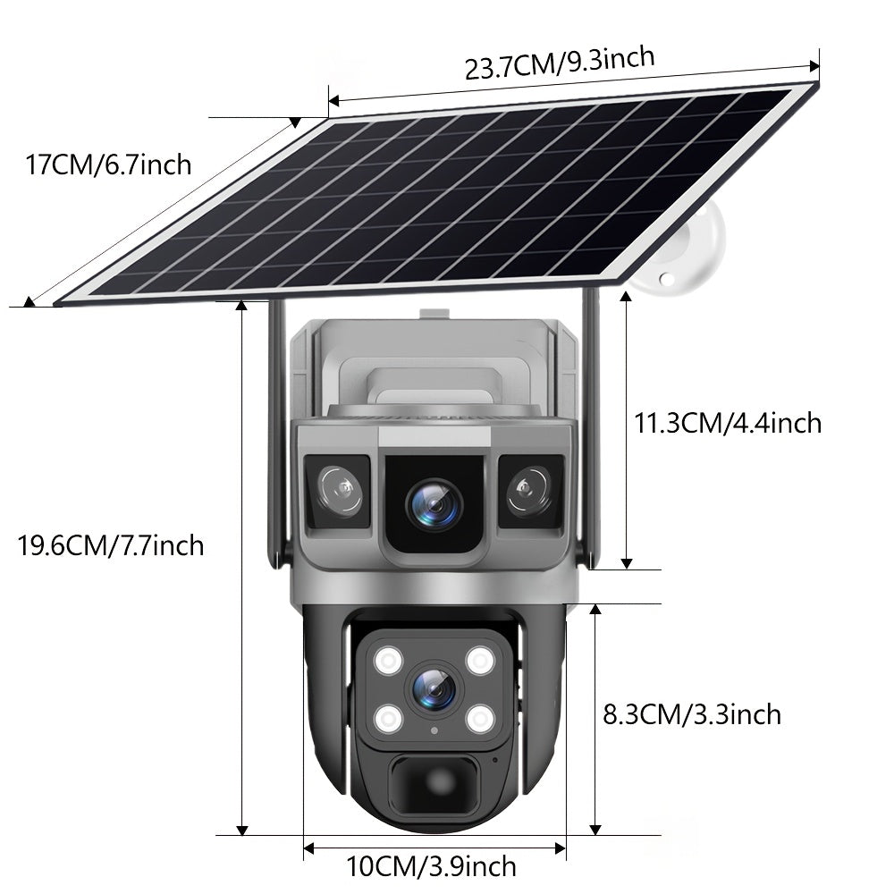 2K Solar Dual Lens Camera, Outdoor 2.4GHz WiFi Camera, Outdoor Security Camera, Pet Camera, Baby Monitor, 360° Security Camera with Siren And Spotlight, Motion Detection, Two-Way Talking, Color Night Vision, 1pc, Free Cloud