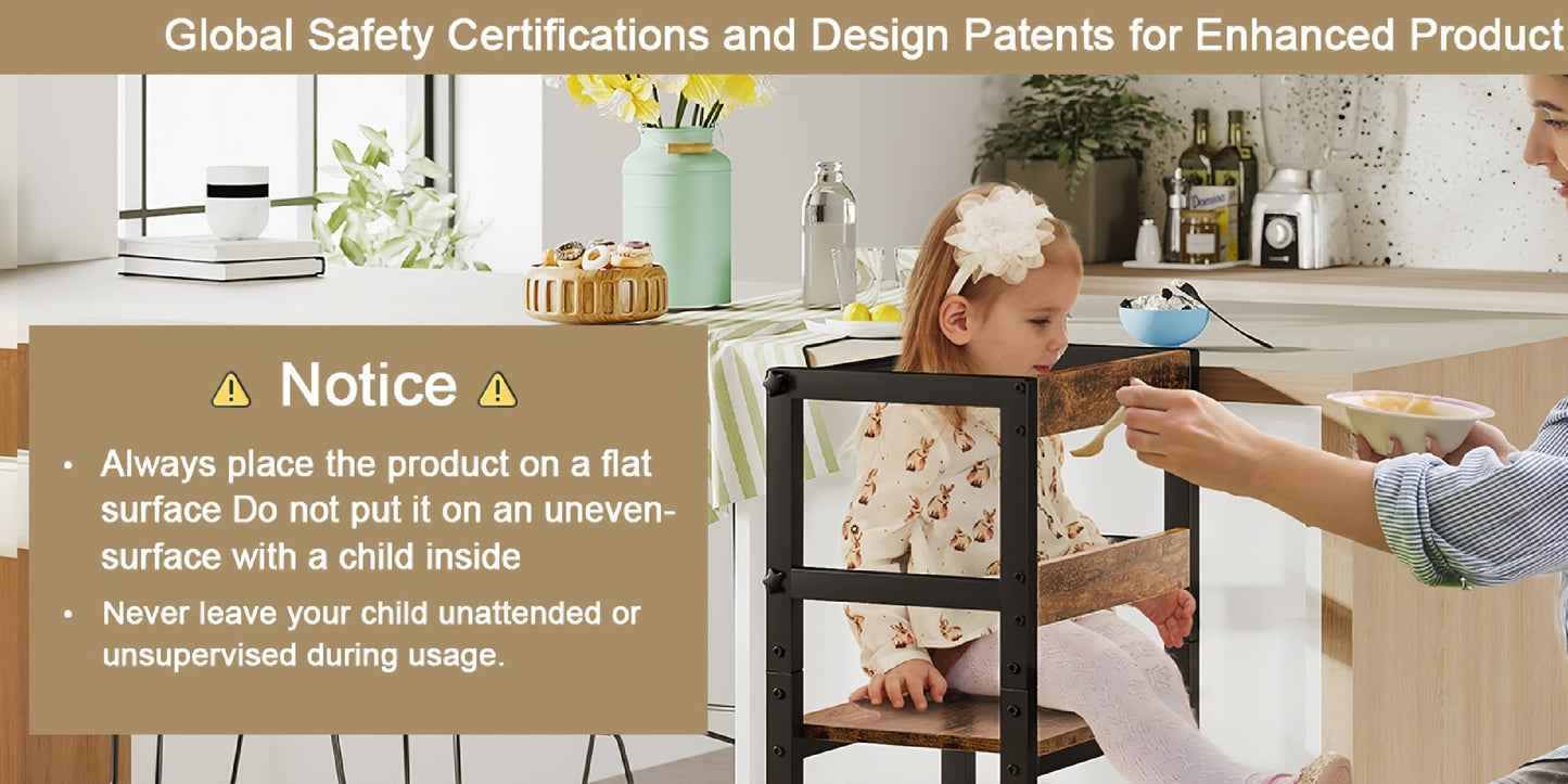 Adjustable Toddler Step Stool with Safety Rail, Wooden & Steel Learning Tower for Kids, Height Adjustable Kitchen Stool for Toddlers