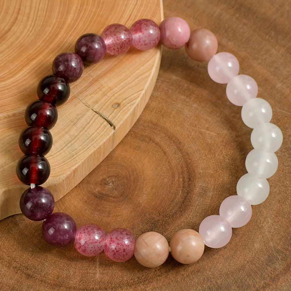 Elegant Simple Style 8mm Beaded Bracelet with Natural Stone, Synthetic Love Spell Gemstone, Garnet Strawberry Quartz, Rhodonite Rose Quartz Moonstone, for Daily Wear and Gift Giving - Valentine's Day All-Season Jewelry