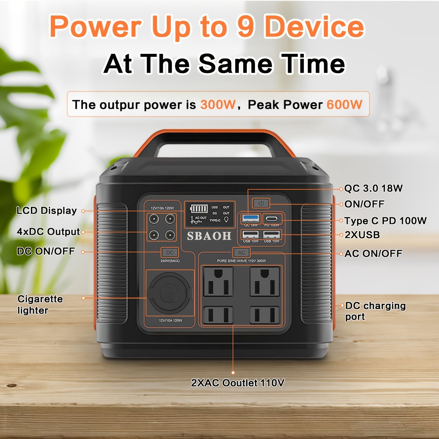 SBAOH 300W Portable Power Station 296Wh 80000mAh Solar Powered Generator With 100W PD Fast Charging, 13 Outlets, Digital Display, Lithium-ion Battery For Home Backup, RV Camping, And Emergency Power - (60W Solar Panel Is Opti