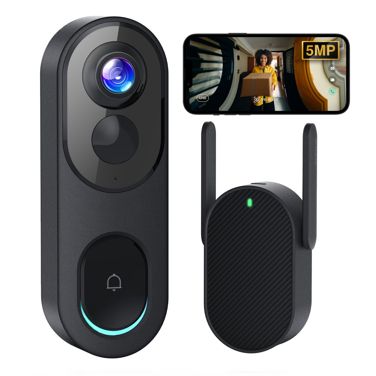 3K Video Doorbell Camera Wireless, No Monthly Fee, 5MP Battery Doorbell Camera, Head-to-Toe, 360° View, AI&VR Detection, HDR, Night Vision, 2-Way Talk, 2.4GHz WiFi, Easy to Install