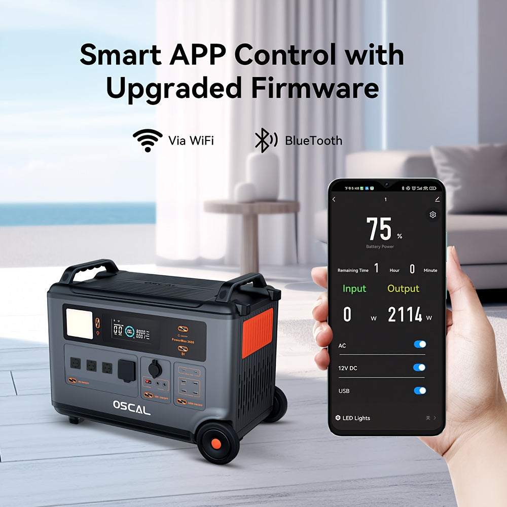 OSCAL PowerMax 3600W 6000W Surge Portable Power Station, 3600Wh LiFePO4 Expandable Solar Generator with 4xAC Outlets, 1.2H Fast Charging, 10ms UPS Backup Power for Home Emergency, Camping, RV, Road Trips - Heavy-Duty Solar-Po