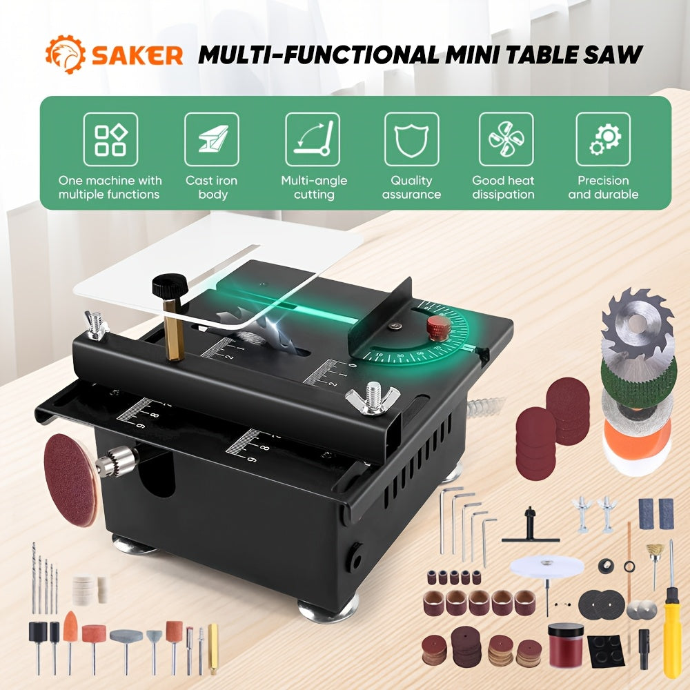 Saker 100W Mini Table Saw, with Adjustable Speed And Angle, Offers a Cutting Depth of 16MM, It Features a Power Supply with Seven Speed Settings for Precise And Safe Cutting, Ideal for Small Accessories And DIY Crafts, Making