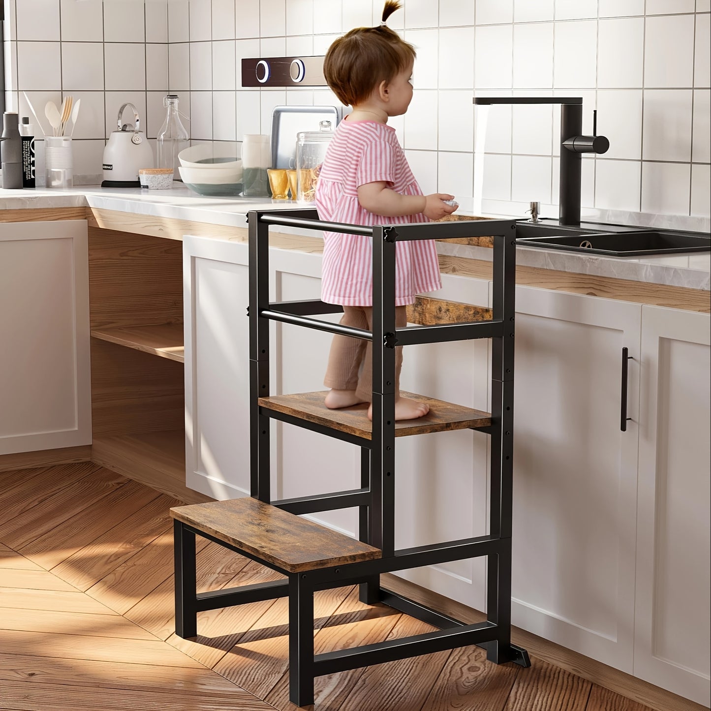 Adjustable Toddler Step Stool with Safety Rail, Wooden & Steel Learning Tower for Kids, Height Adjustable Kitchen Stool for Toddlers