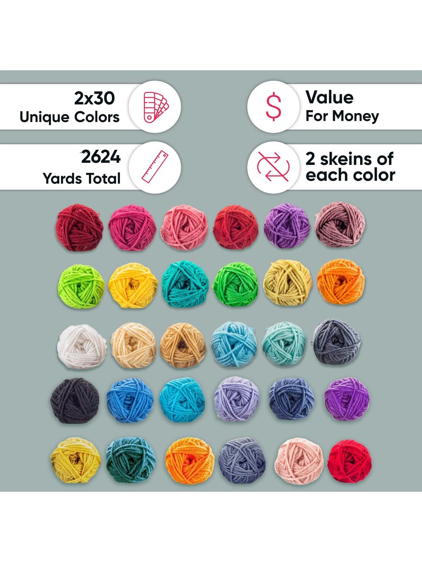 60*0.7 Oz Acrylic Yarn Skeins - 2600 Yards of Soft Yarn for Crocheting, Knitting and Craft Projects