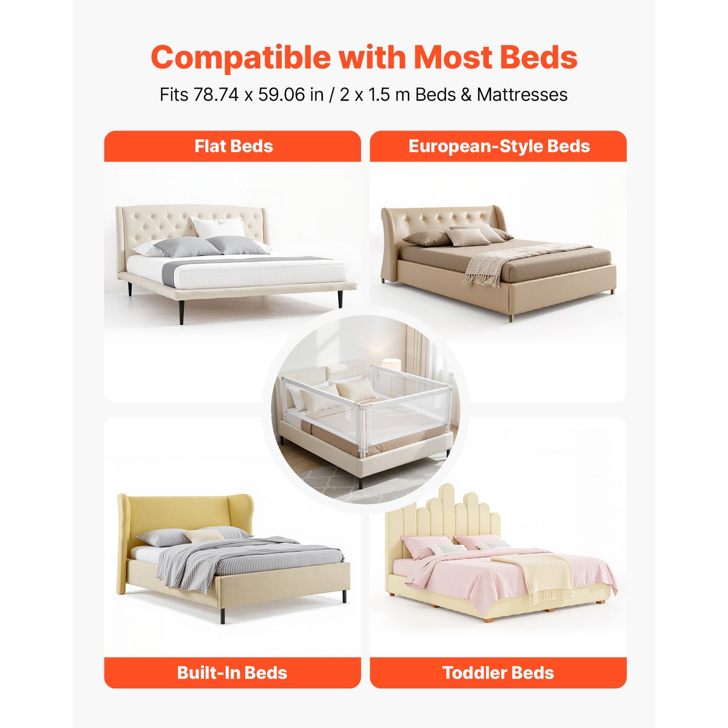 VEVOR 3 Piece Toddler Bed Rail Adjustable Height Bed Side Railing Guard Bumper Queen / King-Size