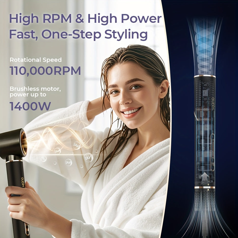 OUDIM 6-in-1 Multi-Functional Hot Air Comb & Styler - Negative Ion Technology, 110, 000 RPM High-Speed Frizz-Free Hair Dryer Brush, Curling Iron & Straightener with Auto-Winding Rod, Foldable Handle & Storage Bag for Rapid Dr
