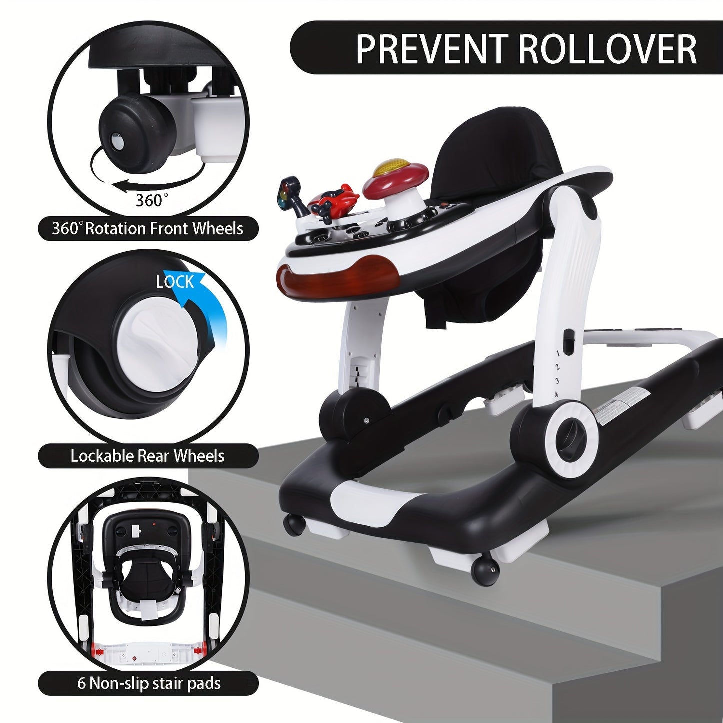 Kinder King Baby Walker With Music & Lights, 5 In 1 Baby Bouncer Activity Walker, Adjustable Height & Seat, Learning-Seated & Toddler Walk-Behind, Safety Bumper, Infant Walker Anti-Rollover, Black