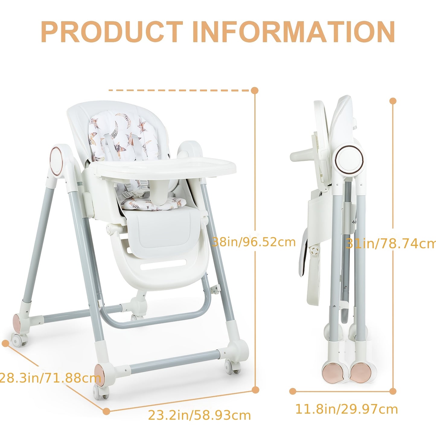 Baby High Chair, Foldable High Chair, Adjustable 2-in-1 High Chair&Swing Chair with 4 Locking Wheels, 7-speed Adjustable, Detachable Cushion, Safe/Comfortable/Easily Meets Baby's Feeding And Resting Needs, 1pc