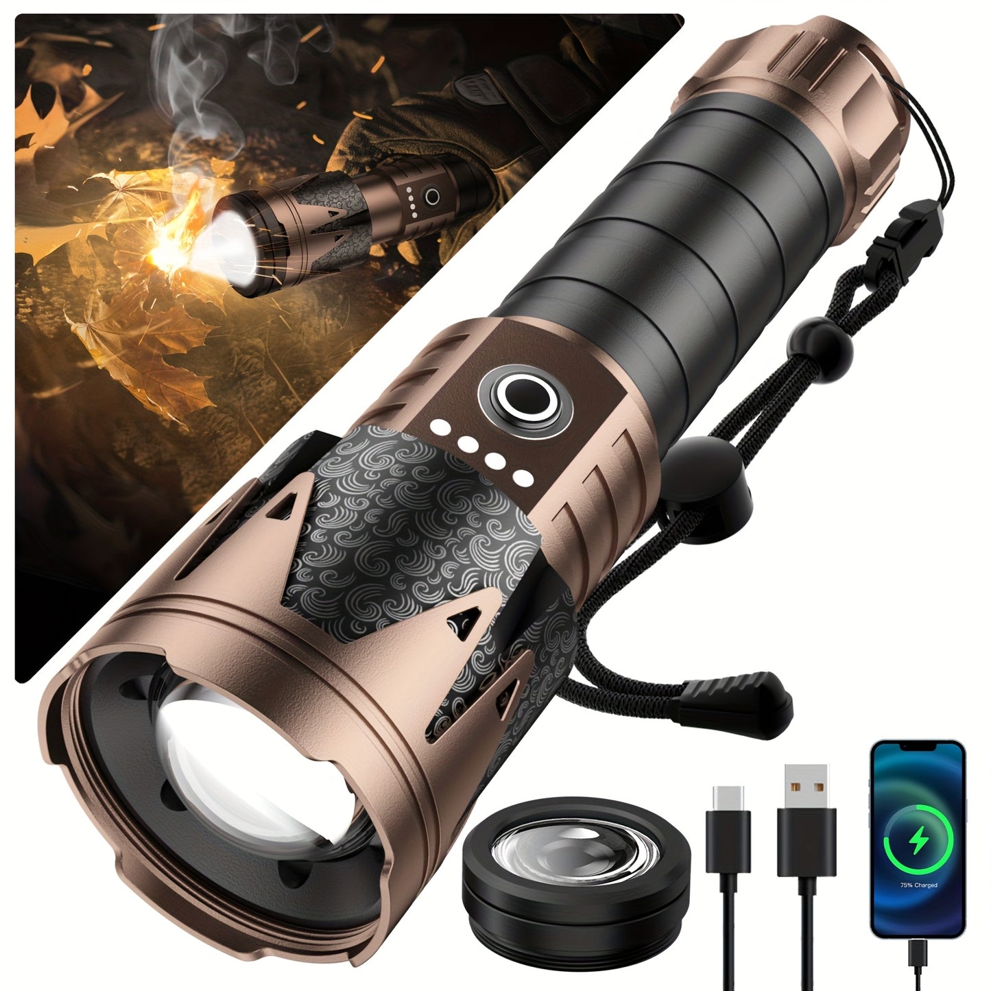 SKYFIRE LED Flashlight High Lumens With Ignition Lens, Super Bright Tactical Flashlight, Zoomable, Five Modes, Flash Light For Camping Essentials, Outdoor, Home And Emergency