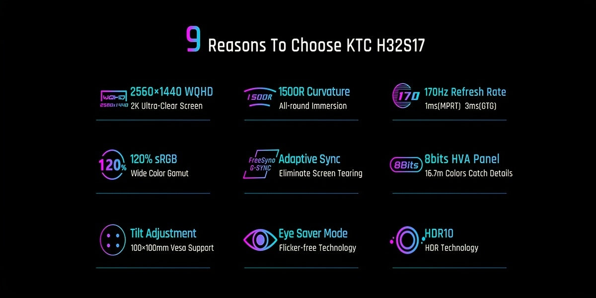 KTC 24-27-32 Inch Gaming Monitor, 24inch 1920*1080 100Hz, 27inch 2560*1440 180Hz,32inch 2560*1440 165Hz Curved Gaming Monitor, 1500R Frameless, 1ms, HDR, FreeSync Premium, DisplayPort/HDTV/USB, VESA Wall Mount, PC Monitor
