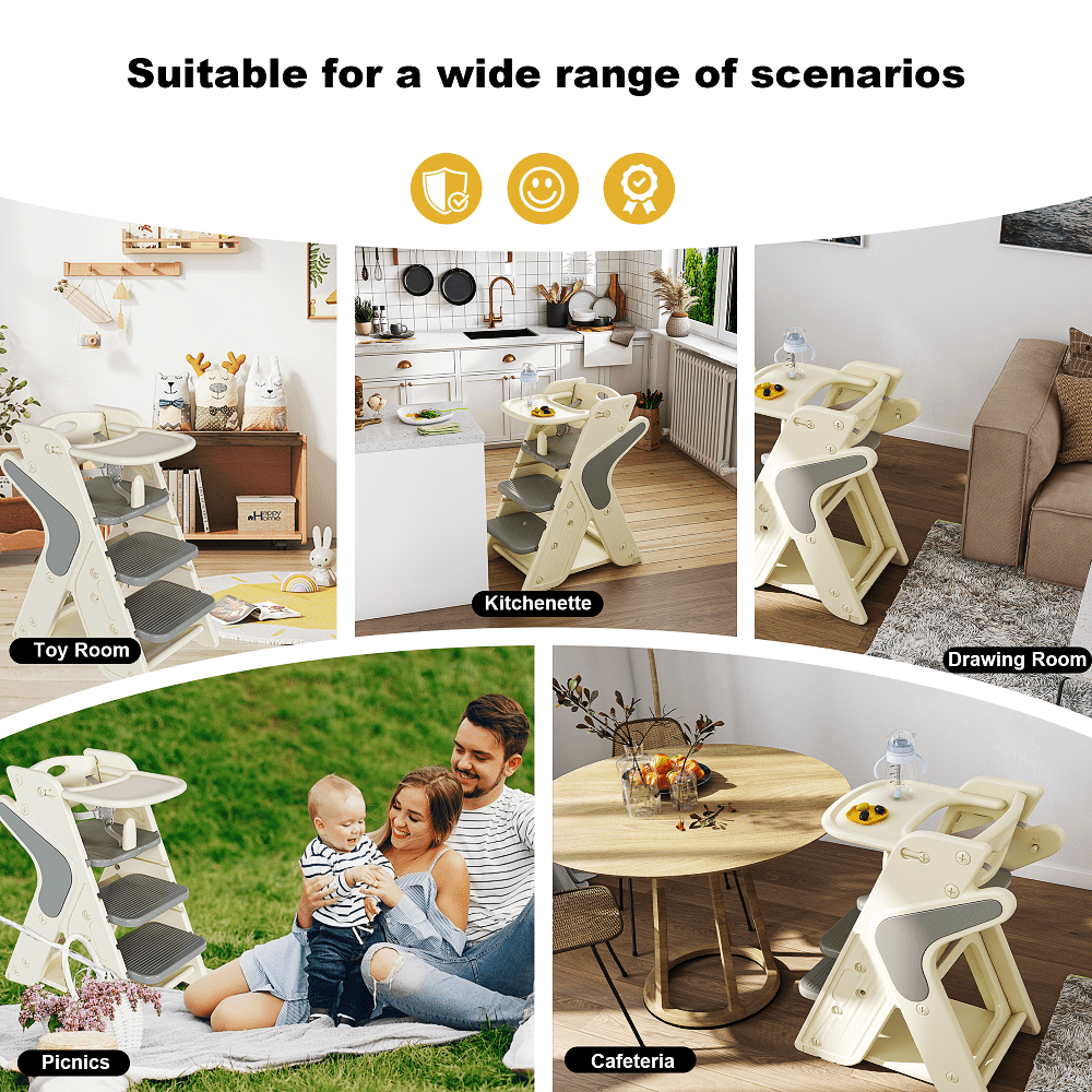 White + Charcoal Gray 16, 54x25, 20x31, 50 Inch Multifunctional Growth Chair HDPE Material Three-in-One Design Adjustable Height Five-Point Safety Belt Kitchen Dining Baby Feeding Learning