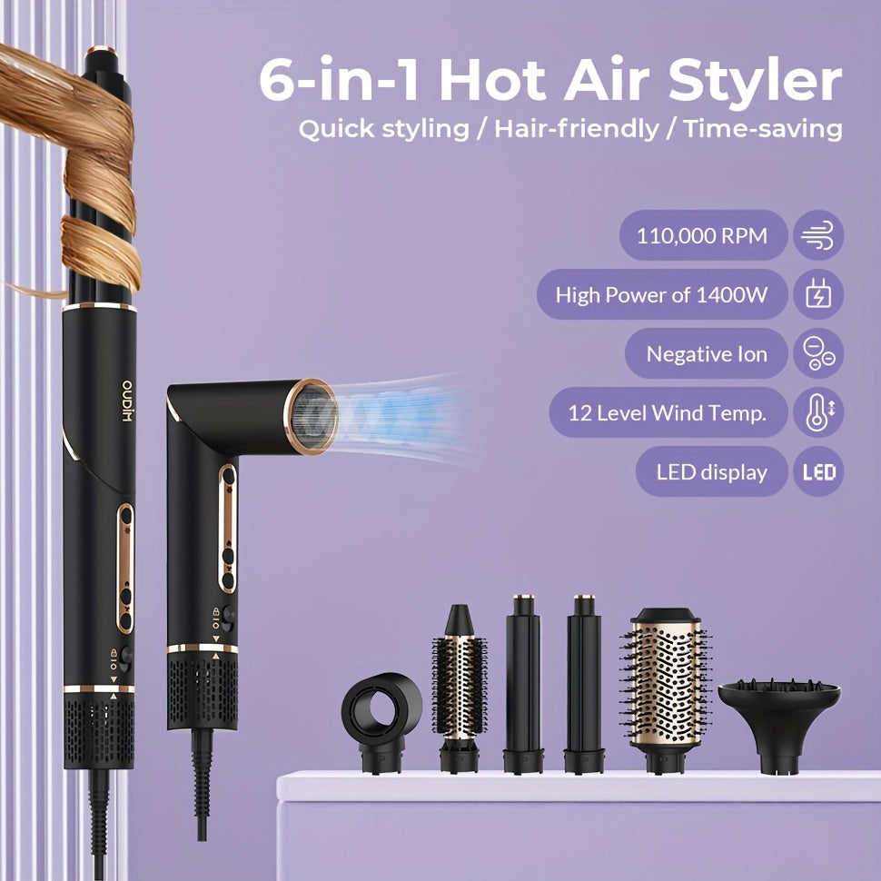 OUDIM 6-in-1 Multi-Functional Hot Air Comb & Styler - Negative Ion Technology, 110, 000 RPM High-Speed Frizz-Free Hair Dryer Brush, Curling Iron & Straightener with Auto-Winding Rod, Foldable Handle & Storage Bag for Rapid Dr