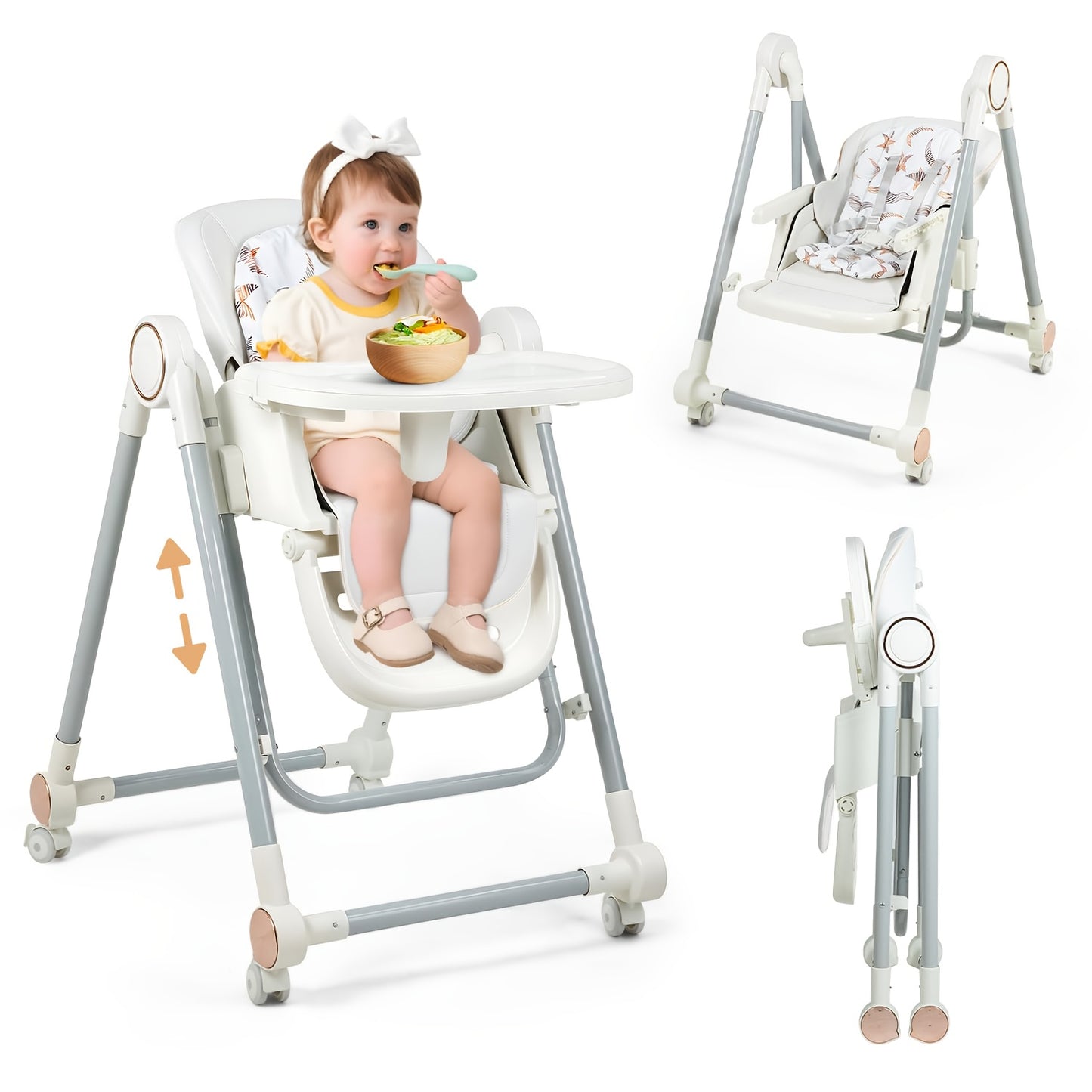 Baby High Chair, Foldable High Chair, Adjustable 2-in-1 High Chair&Swing Chair with 4 Locking Wheels, 7-speed Adjustable, Detachable Cushion, Safe/Comfortable/Easily Meets Baby's Feeding And Resting Needs, 1pc