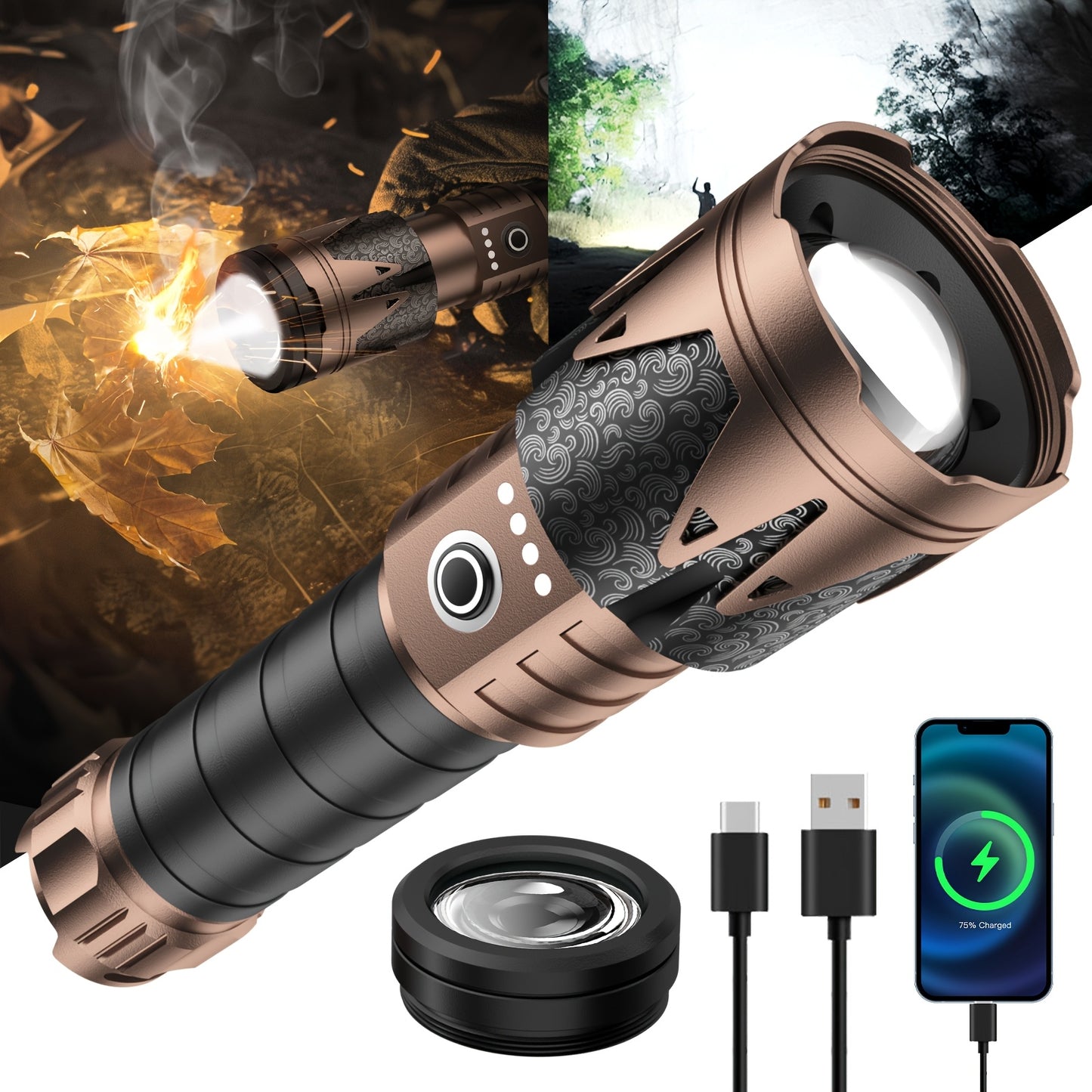 SKYFIRE LED Flashlight High Lumens With Ignition Lens, Super Bright Tactical Flashlight, Zoomable, Five Modes, Flash Light For Camping Essentials, Outdoor, Home And Emergency