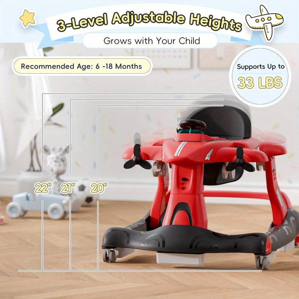 6-in-1 Baby Walker with Adjustable Speed Wheels, Adjustable Height Activity Walker with Padded Seat, Foldable Walker for Babies, Toddler Push Walker for Boy & Girl