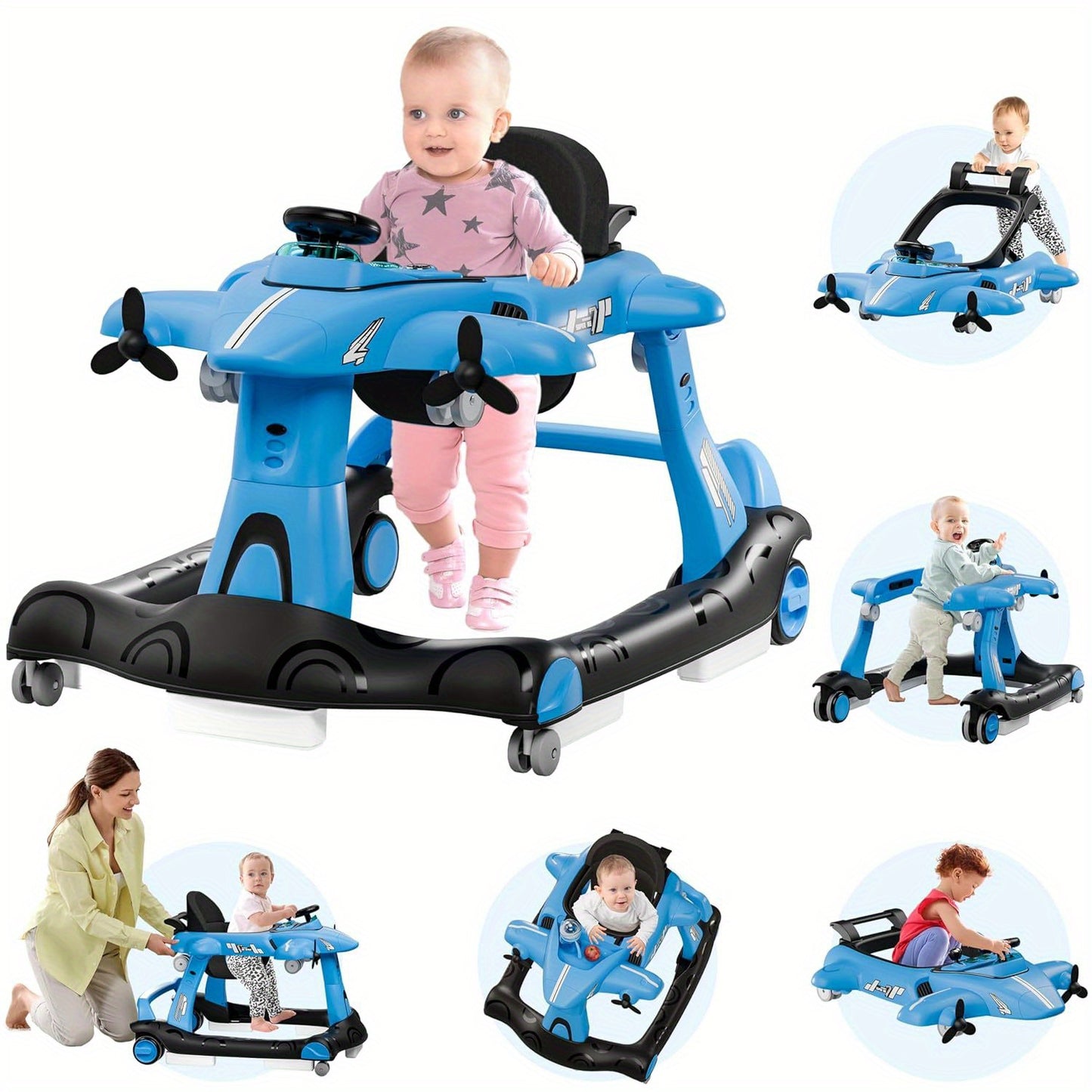 6-in-1 Baby Walker with Adjustable Speed Wheels, Adjustable Height Activity Walker with Padded Seat, Foldable Walker for Babies, Toddler Push Walker for Boy & Girl