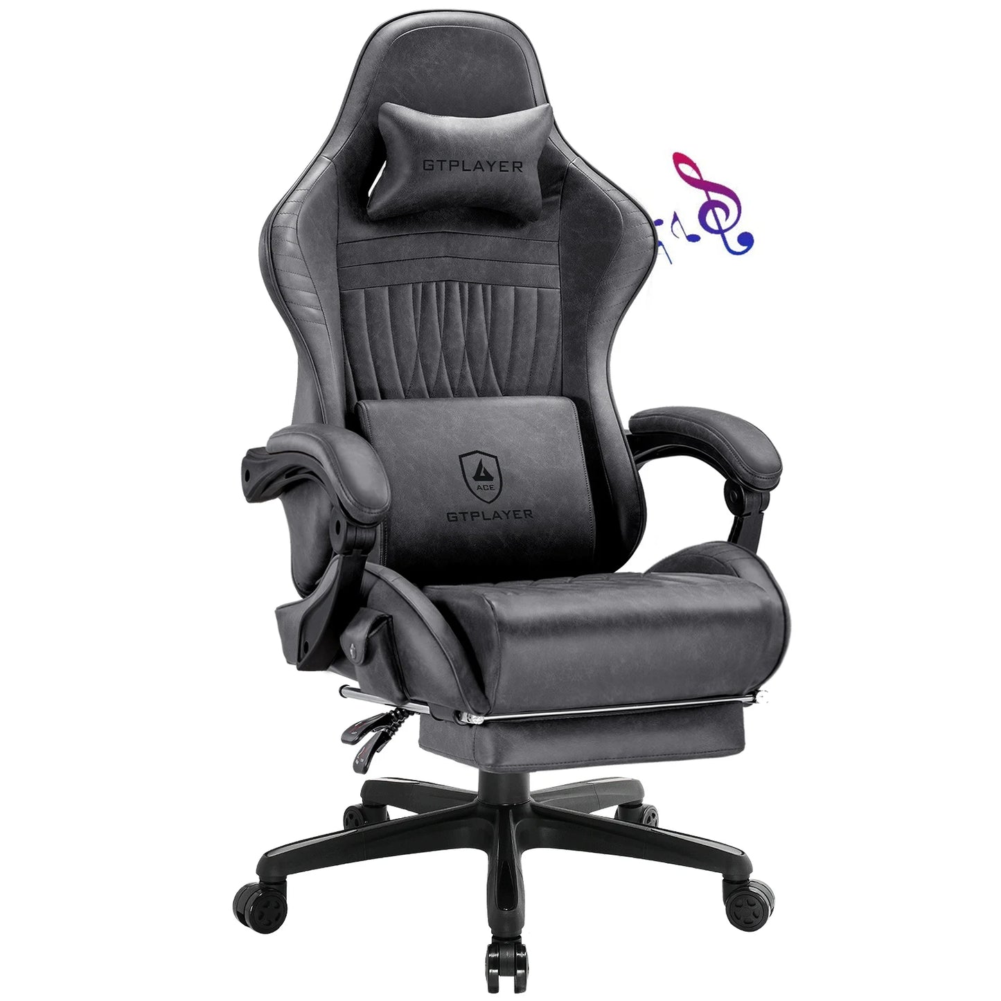 GTPLAYER Gaming Chair Adjustable Ergonomic Faux Leather Swiveling PC & Racing Game Chair with Built-in Speakers,Footrest