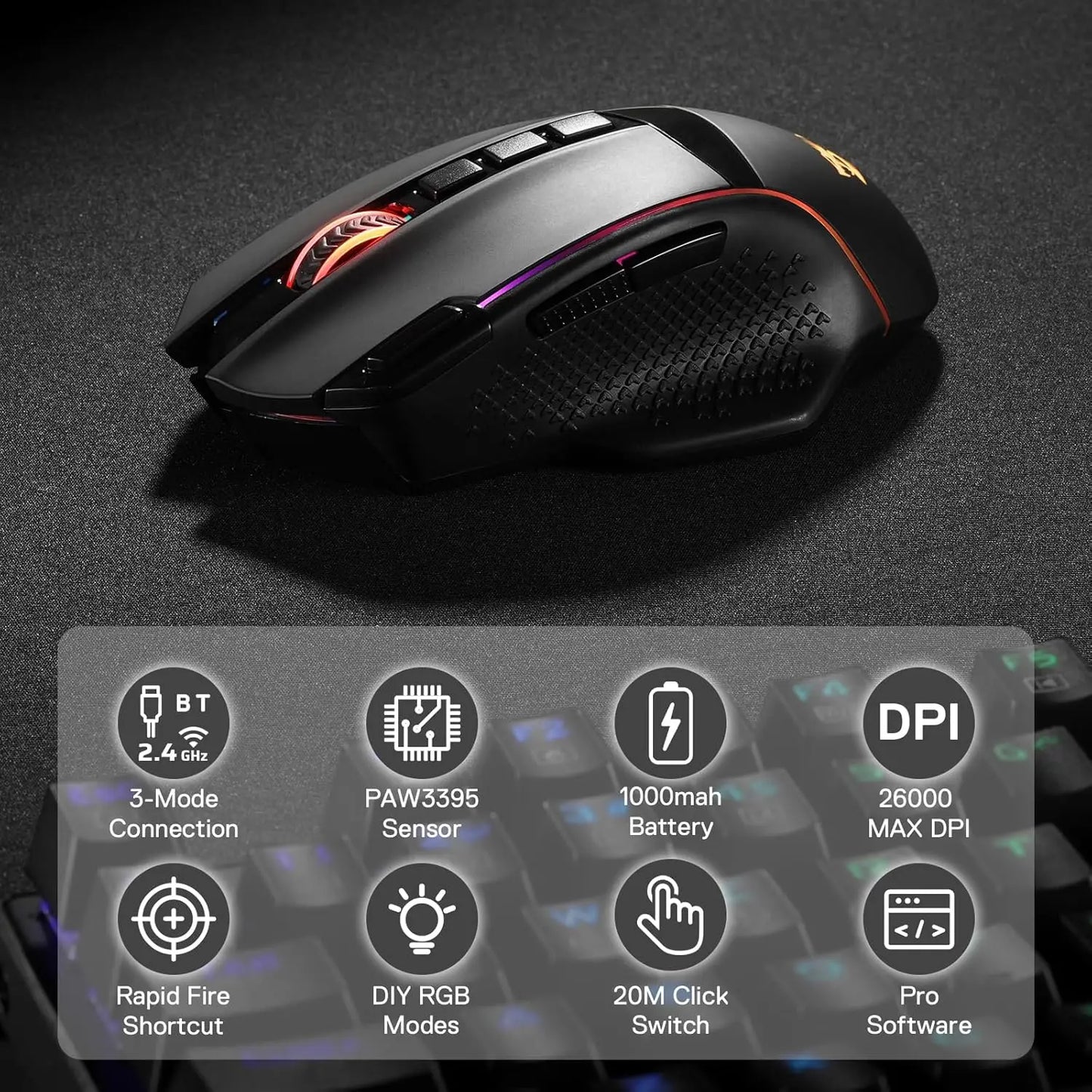 Redragon M991 Wireless Gaming Mouse 26000 DPI 3-Mode Gamer 9 Macro Buttons RGB Backlight Mice, Black