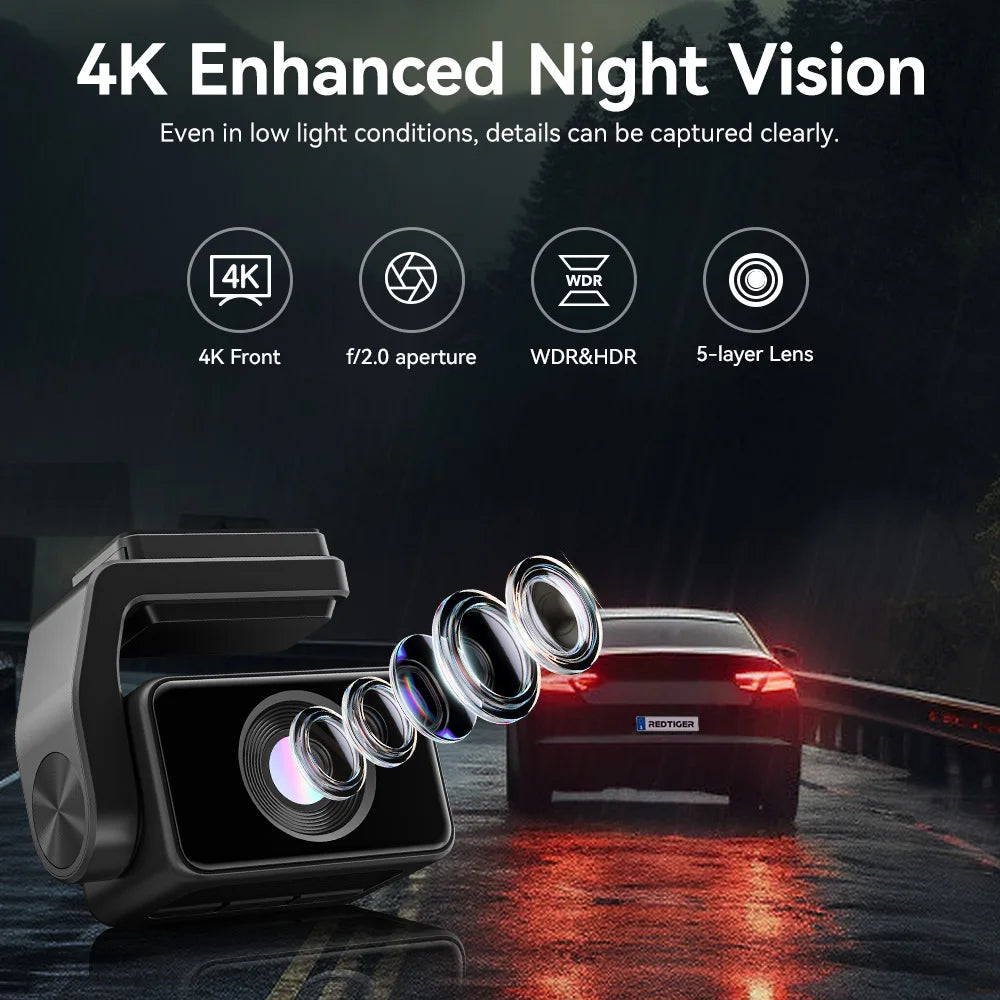 REDTIGER  Dash Camera Front and Rear 4k Dash Cam  Drive Recorder for WiFi GPS Car Dvr for 24H Parking Mode Black Box for Car
