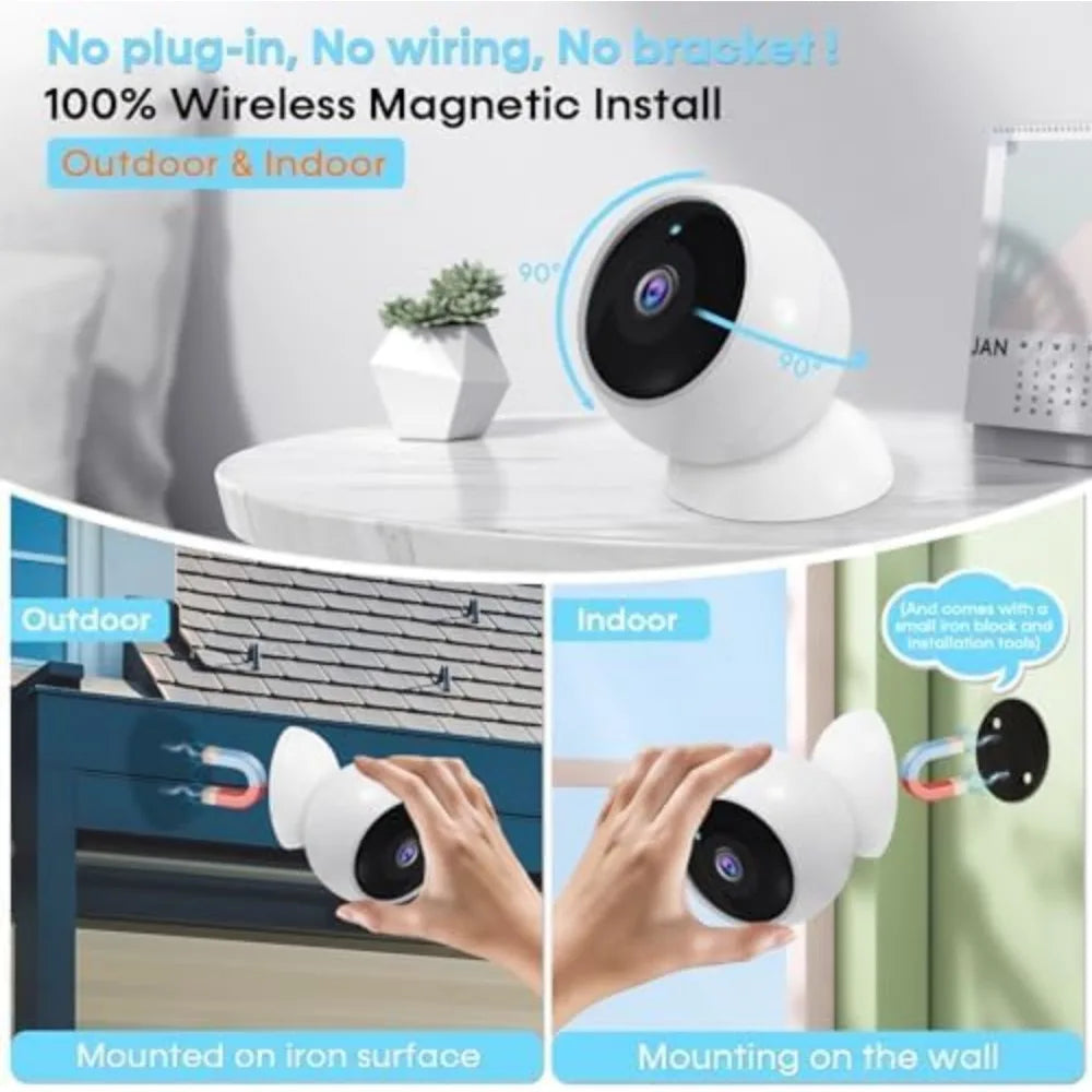 security cameras wireless outdoor magnetic - 4-pack install-free indoor smart 2k wifi - long battery life powered wireless secu
