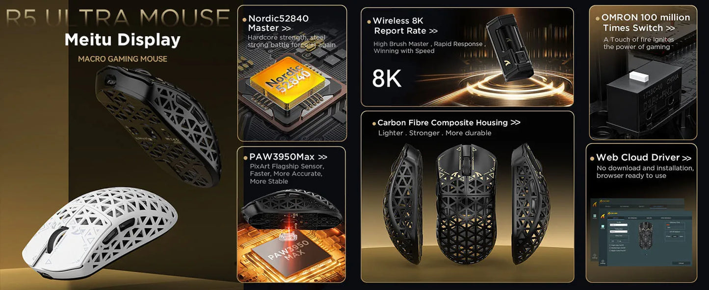 ATTACK SHARK R5 Ultra 8K Carbon Fiber Wireless Gaming Mouse with 42000 DPI-PAW3950 MAX Sensor -39g Ultra-Lightweight for Win/Mac
