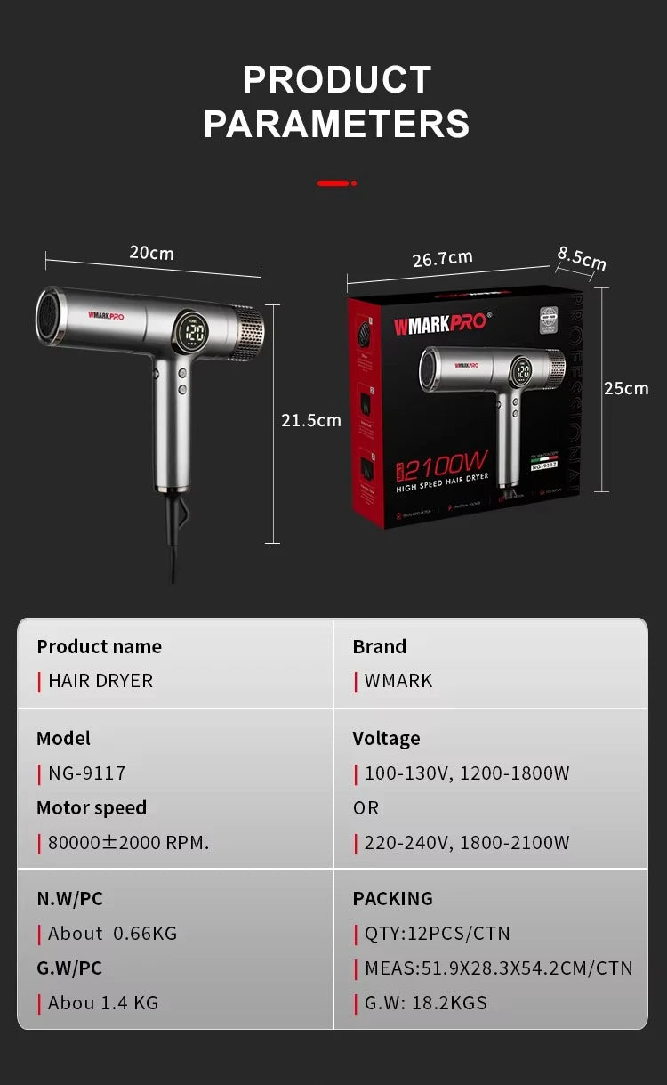 WMARK Hair Dryer Professional Blow Drier Negative Ion Air Blower Barber BLDC Motor Hair Dryer Machine Home Appliance NG-9117