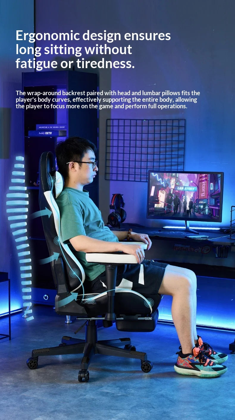 Ergonomic Gaming Chair Office Computer Chair Recliner Adjustable Lumbar Headrest PU Leather Home Dorm Student Comfortable