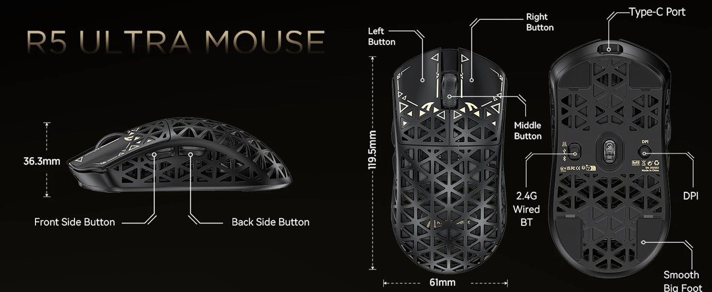 ATTACK SHARK R5 Ultra 8K Carbon Fiber Wireless Gaming Mouse with 42000 DPI-PAW3950 MAX Sensor -39g Ultra-Lightweight for Win/Mac
