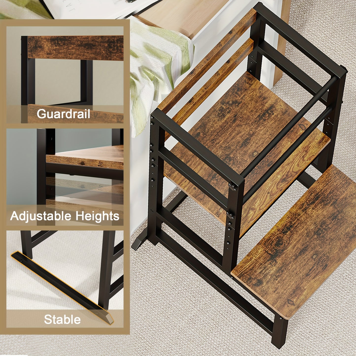 Adjustable Toddler Step Stool with Safety Rail, Wooden & Steel Learning Tower for Kids, Height Adjustable Kitchen Stool for Toddlers