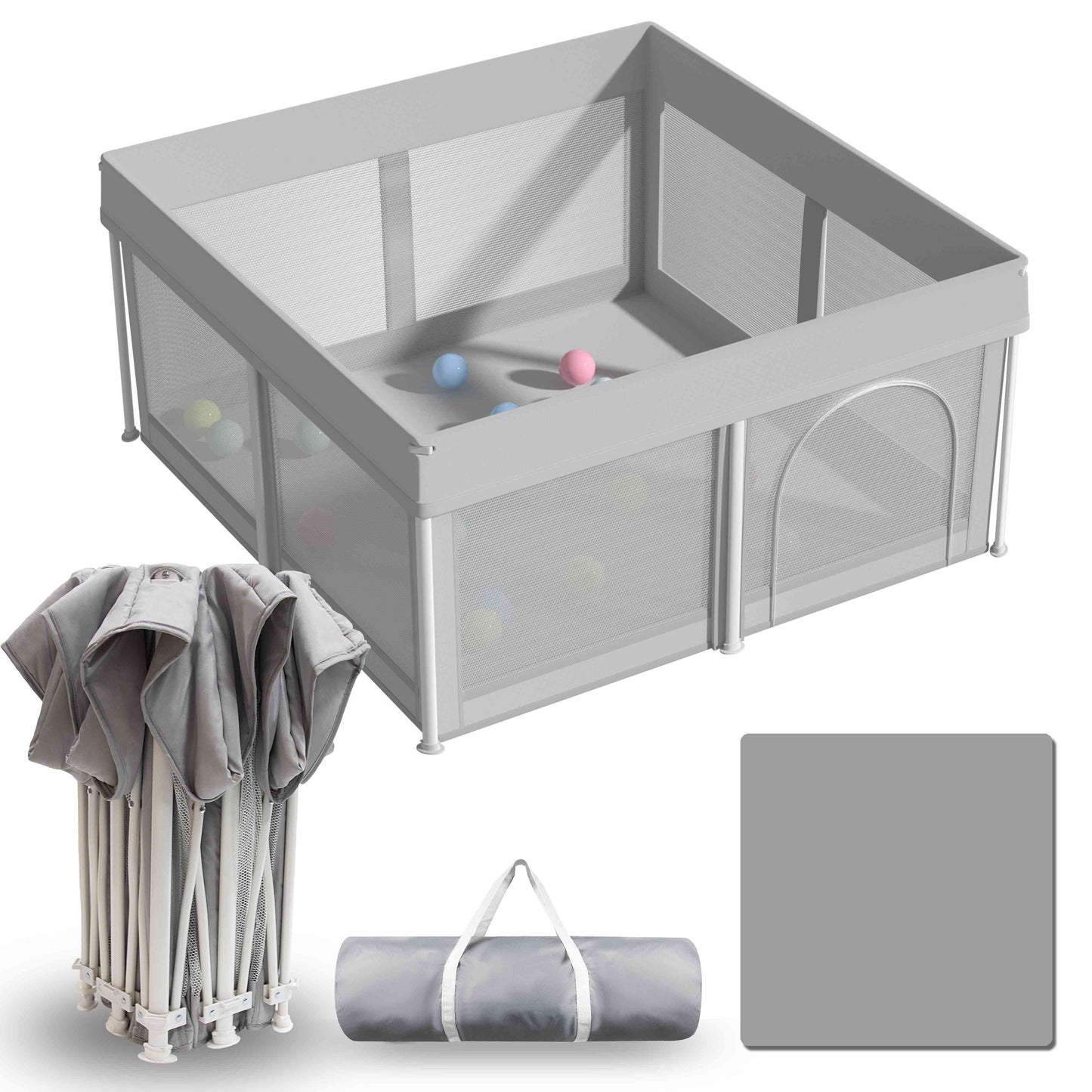 Foldable Baby Playpen 51"×51", Baby Items, Playard For Babies And Toddlers, Portable Safety Baby Fence Lightweight, No Installation, Indoor & Outdoor Baby Playpen With Ocean Balls*50, Grey, Halloween Party Favors