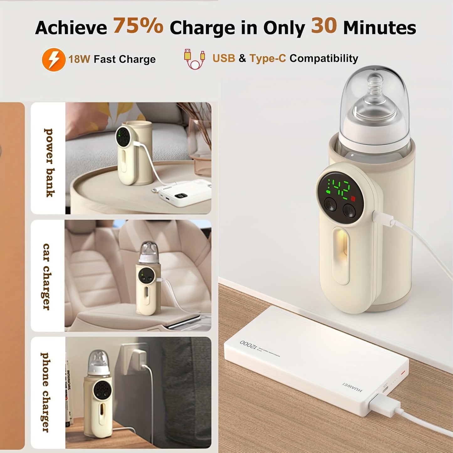 Portable Smart Bottle Warmer & Thermos Cup with, Leak-Proof Design, Wireless Operation, Fast Charging, and One-Touch Operation - Reusable Plastic Construction with Handle & Temperature Control for On-the-Go Formula/Breast Mil
