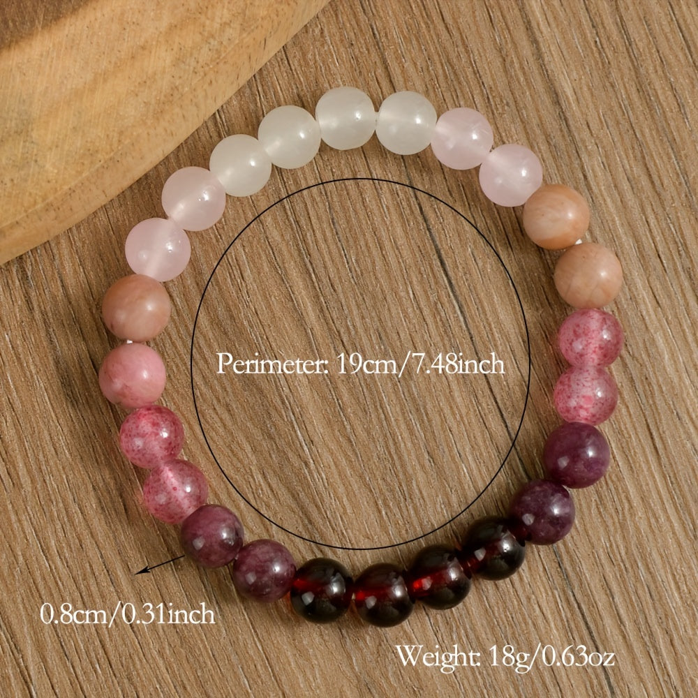 Elegant Simple Style 8mm Beaded Bracelet with Natural Stone, Synthetic Love Spell Gemstone, Garnet Strawberry Quartz, Rhodonite Rose Quartz Moonstone, for Daily Wear and Gift Giving - Valentine's Day All-Season Jewelry
