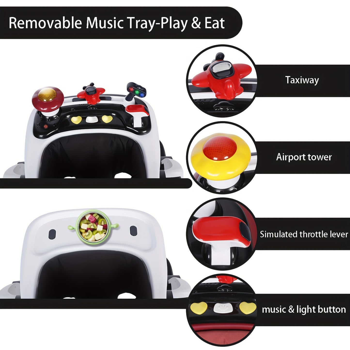 Kinder King Baby Walker With Music & Lights, 5 In 1 Baby Bouncer Activity Walker, Adjustable Height & Seat, Learning-Seated & Toddler Walk-Behind, Safety Bumper, Infant Walker Anti-Rollover, Black