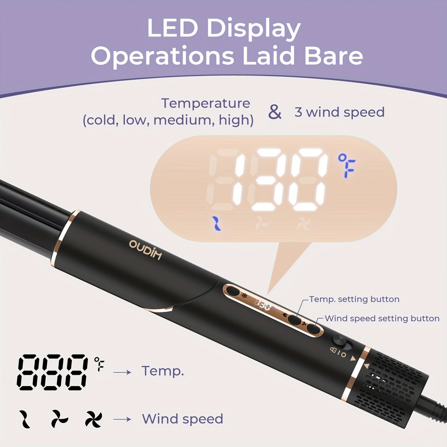 OUDIM 6-in-1 Multi-Functional Hot Air Comb & Styler - Negative Ion Technology, 110, 000 RPM High-Speed Frizz-Free Hair Dryer Brush, Curling Iron & Straightener with Auto-Winding Rod, Foldable Handle & Storage Bag for Rapid Dr