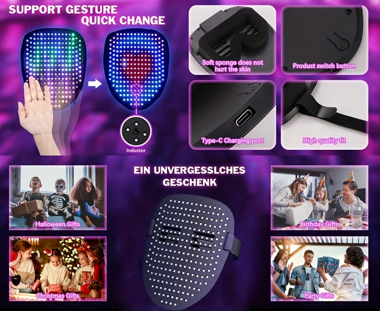 LED Mask with Gesture Sensing, Unisex Light Up Mask with Face Transforming, Lighted Halloween Mask, 25 Moving & 25 Still Pictures, Costume Cosplay Party Masquerade